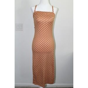 Endless Blu Rust Orange Geometric Starburst Midi Dress Side Slit Size Small